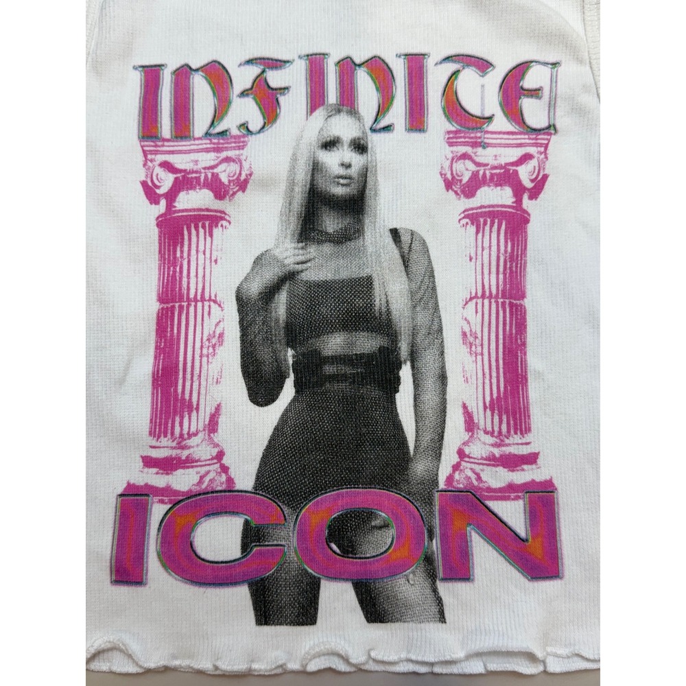 Paris Hilton Infinite Icon White Ribbed Graphic Crop Tank Top Small Y2K - Picture 3 of 6